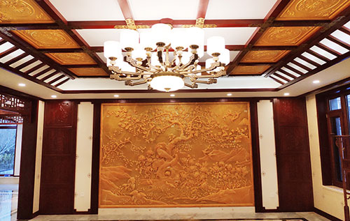 银川中式别墅客厅中式木作横梁吊顶装饰展示